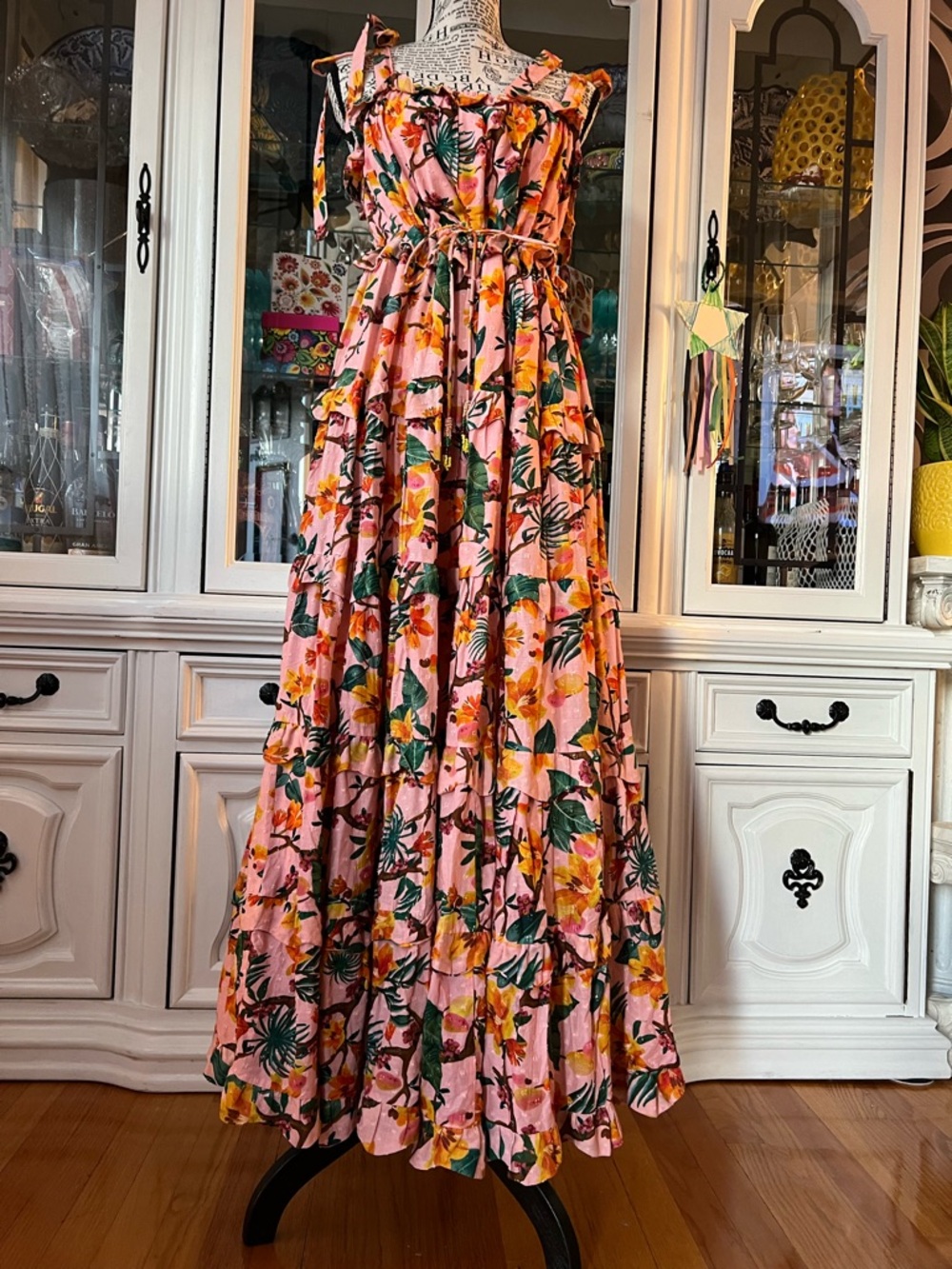 FARM Rio Pink Tropical Floral Tie-Shoulder Tiered Maxi Dress L - Picture 16 of 16
